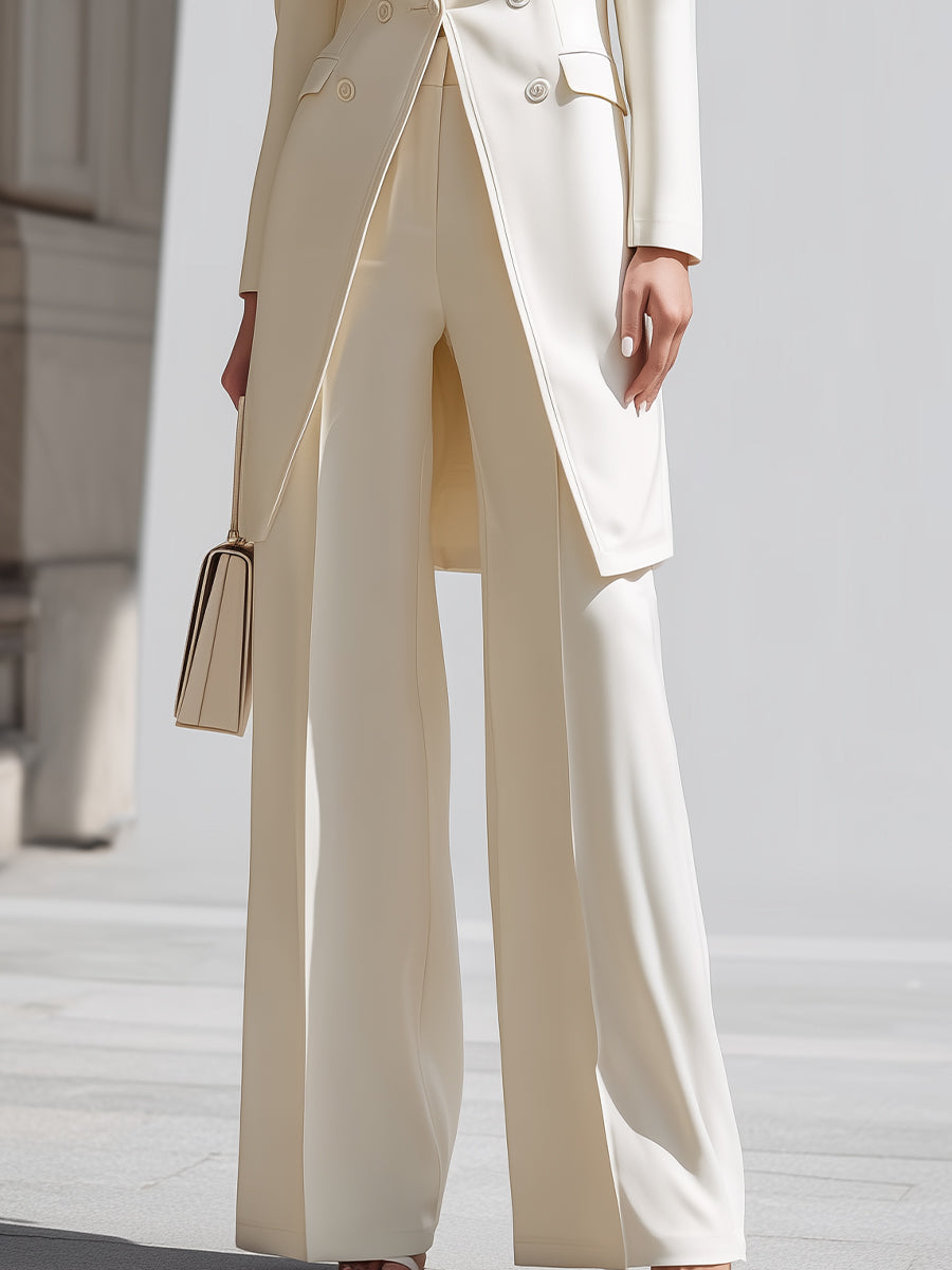 Elegant Cream Longline Blazer And Wide - Leg Pants Set MollyBoo