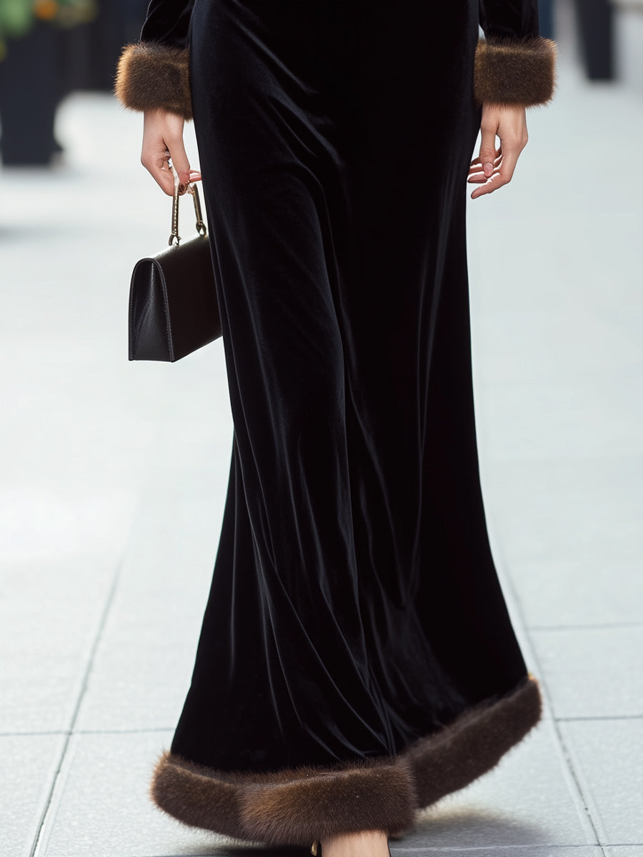 Luxurious Black Velvet Gown With Faux Fur Trim MollyBoo