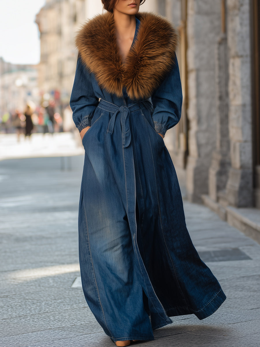 Mooyius Faux Fur Collar Longline Denim Coat MollyBoo
