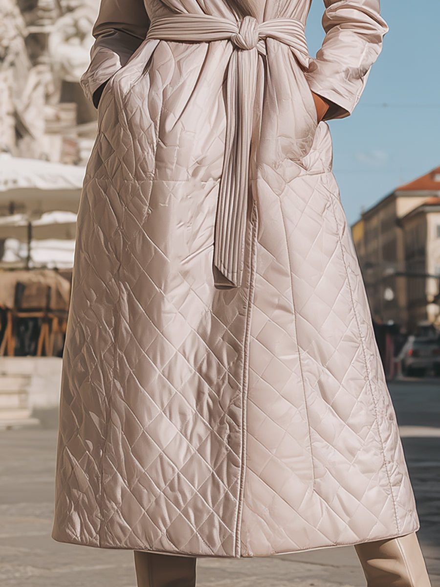 Cream Quilted Coat With Faux Fur Collar And Tie Belt MollyBoo