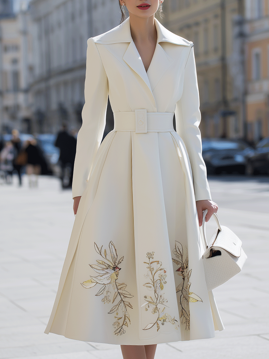 Ivory Belted Coat Dress With Floral Embroidery MollyBoo