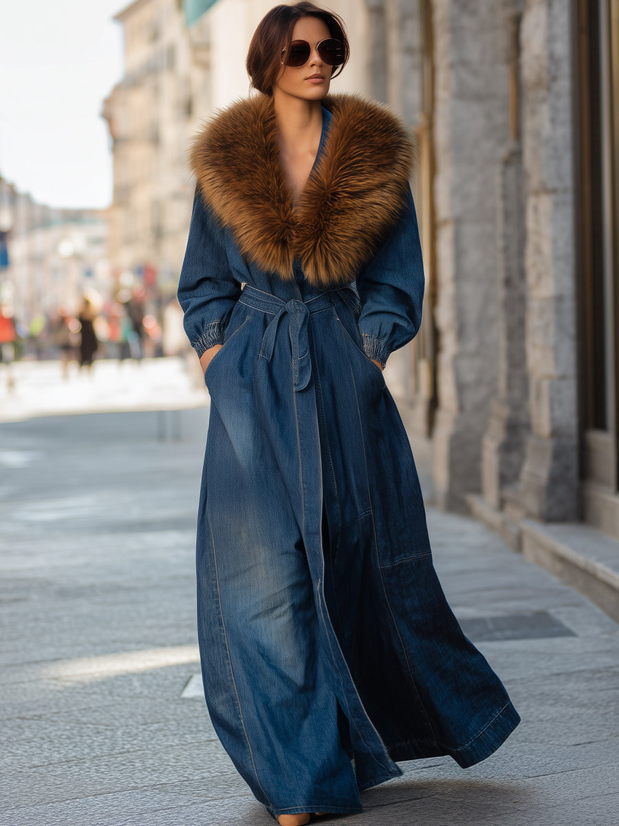 Mooyius Faux Fur Collar Longline Denim Coat MollyBoo