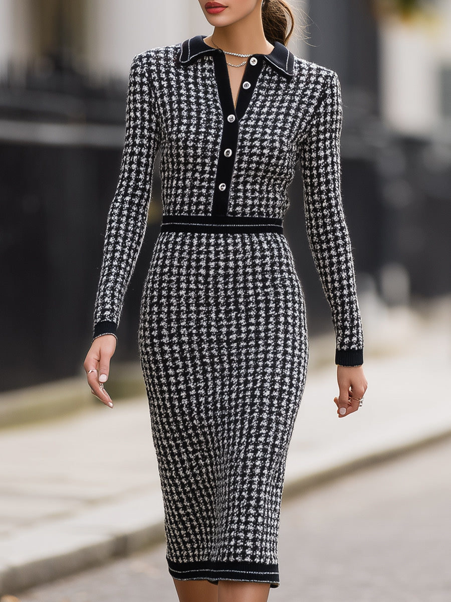 Houndstooth Knit Midi Dress With Contrast Collar MollyBoo