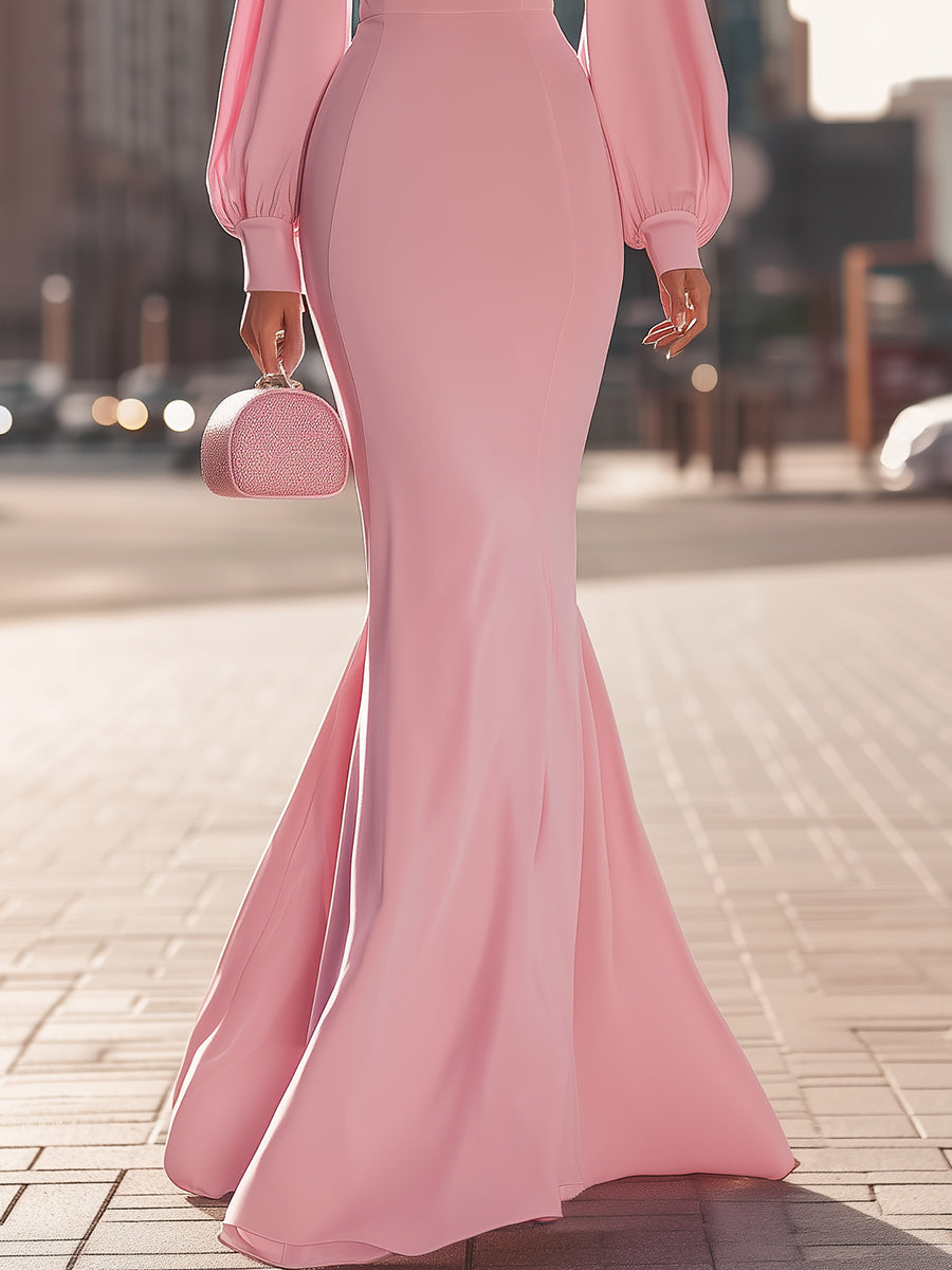 Elegant Blush Pink High-Neck Mermaid Gown With Balloon Sleeves MollyBoo
