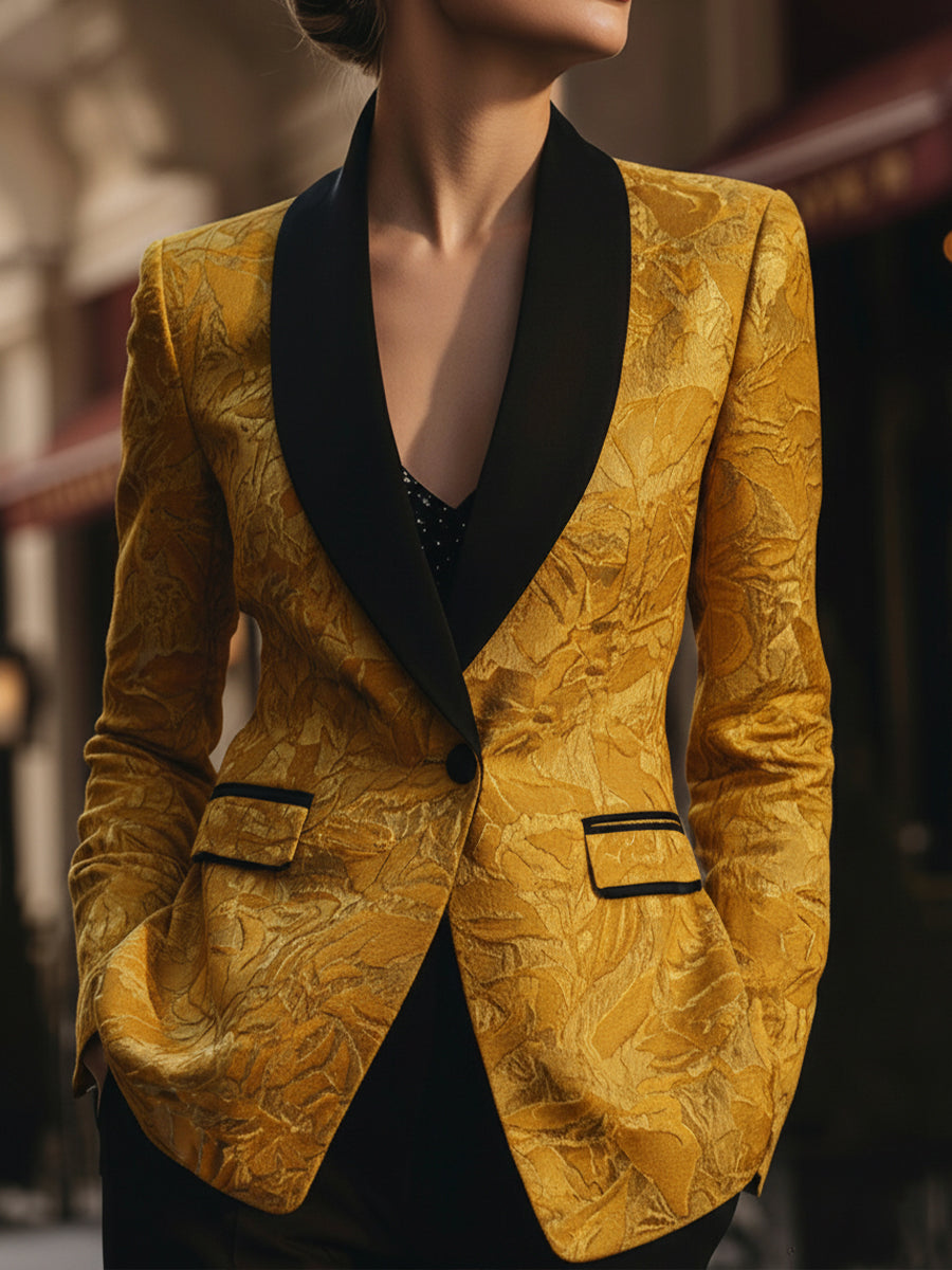 Golden Jacquard Blazer With Black Contrast Lapel MollyBoo