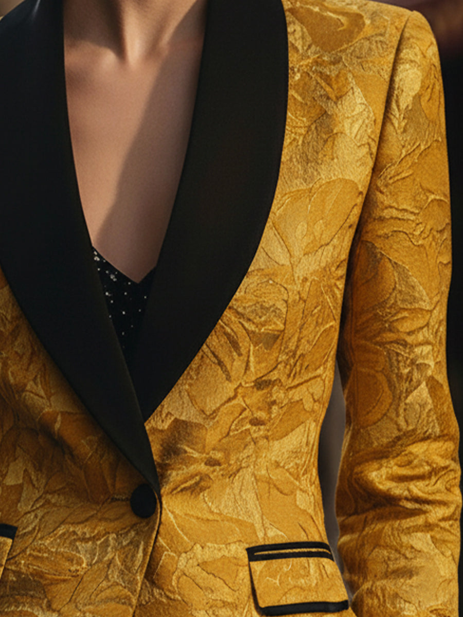 Golden Jacquard Blazer With Black Contrast Lapel MollyBoo