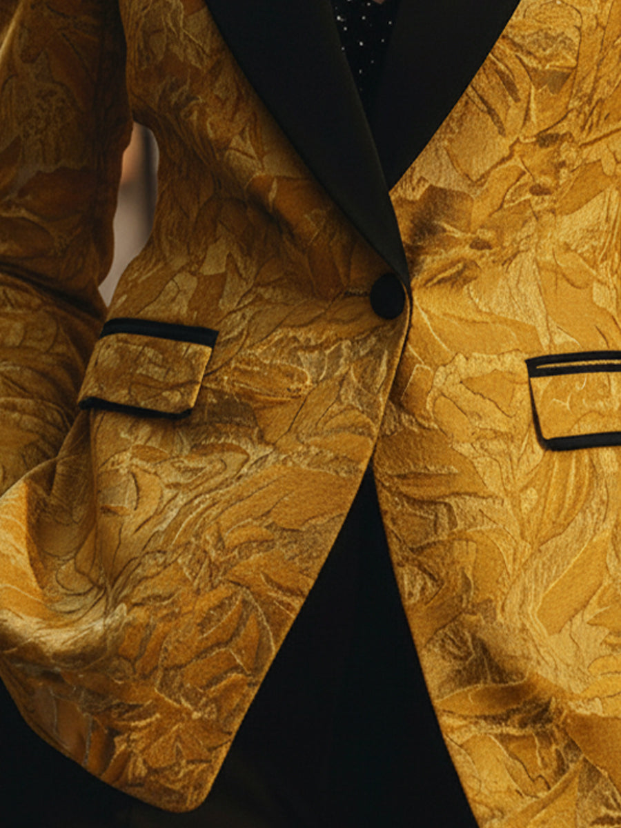 Golden Jacquard Blazer With Black Contrast Lapel MollyBoo