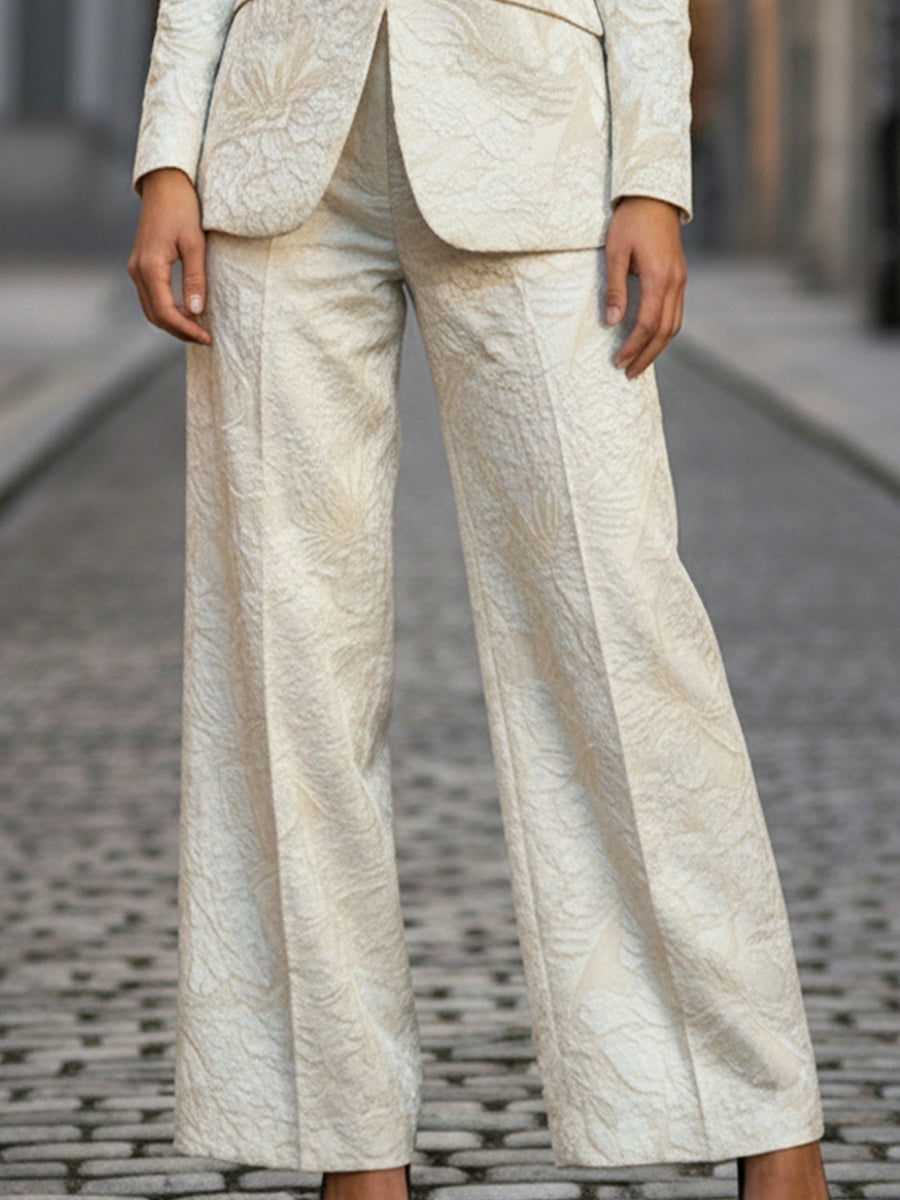 Ivory Jacquard Wide-Leg Pantsuit With Black Satin Lapels MollyBoo