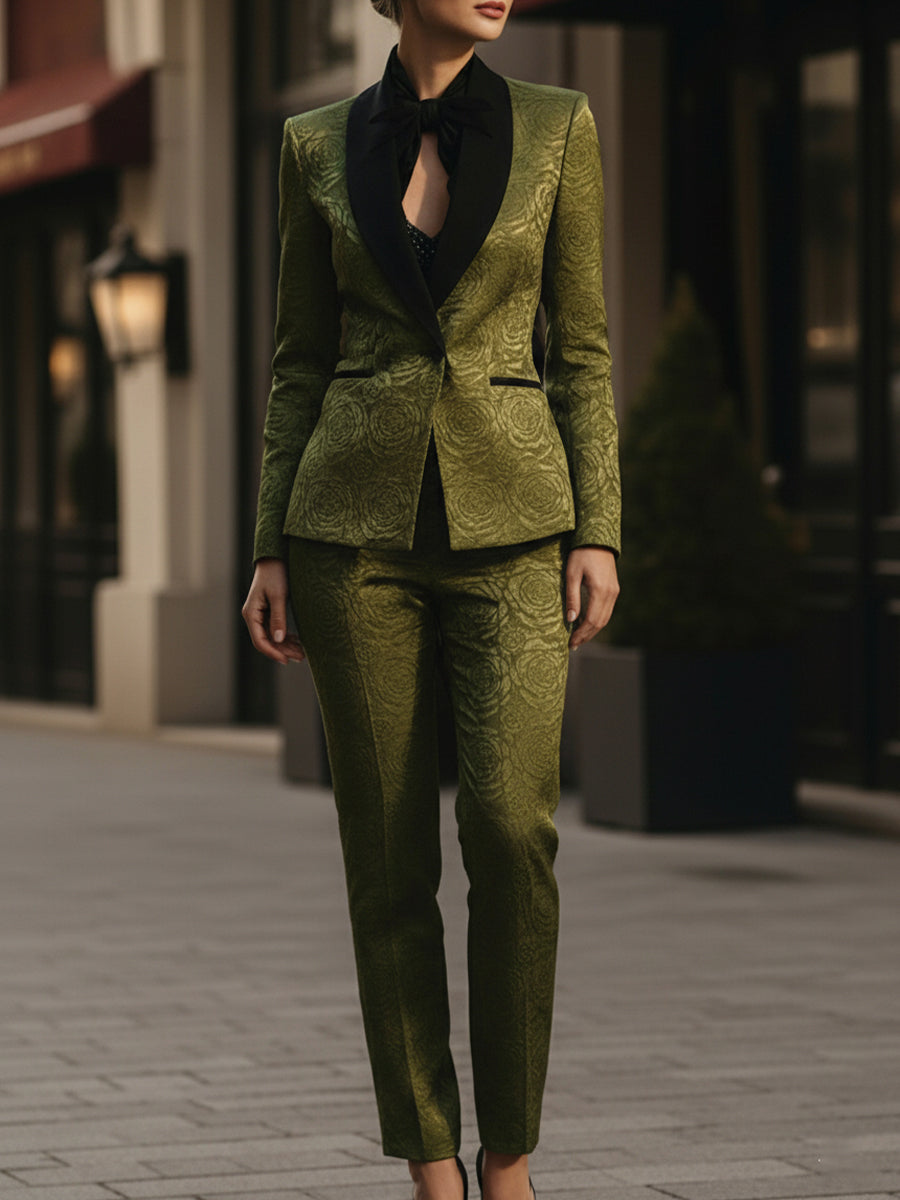 Olive Green Brocade Slim Pantsuit With Black Shawl Lapels MollyBoo