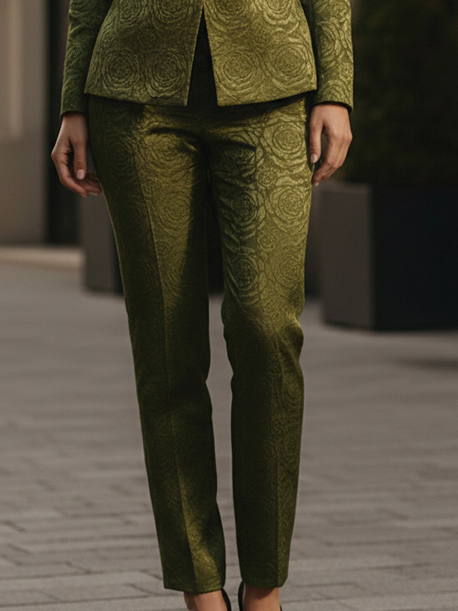 Olive Green Brocade Slim Pantsuit With Black Shawl Lapels MollyBoo