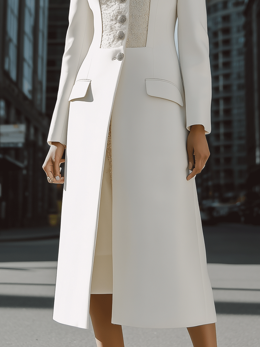 Ivory Longline Coat With Textured Contrast Panel And Silver Buttons MollyBoo