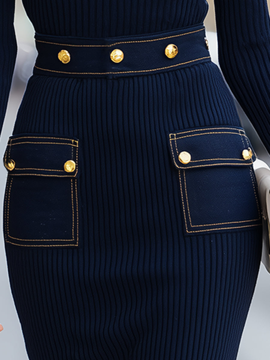 Navy Ribbed Knit Dress With Gold-Tone Button Denim Pocket Details MollyBoo