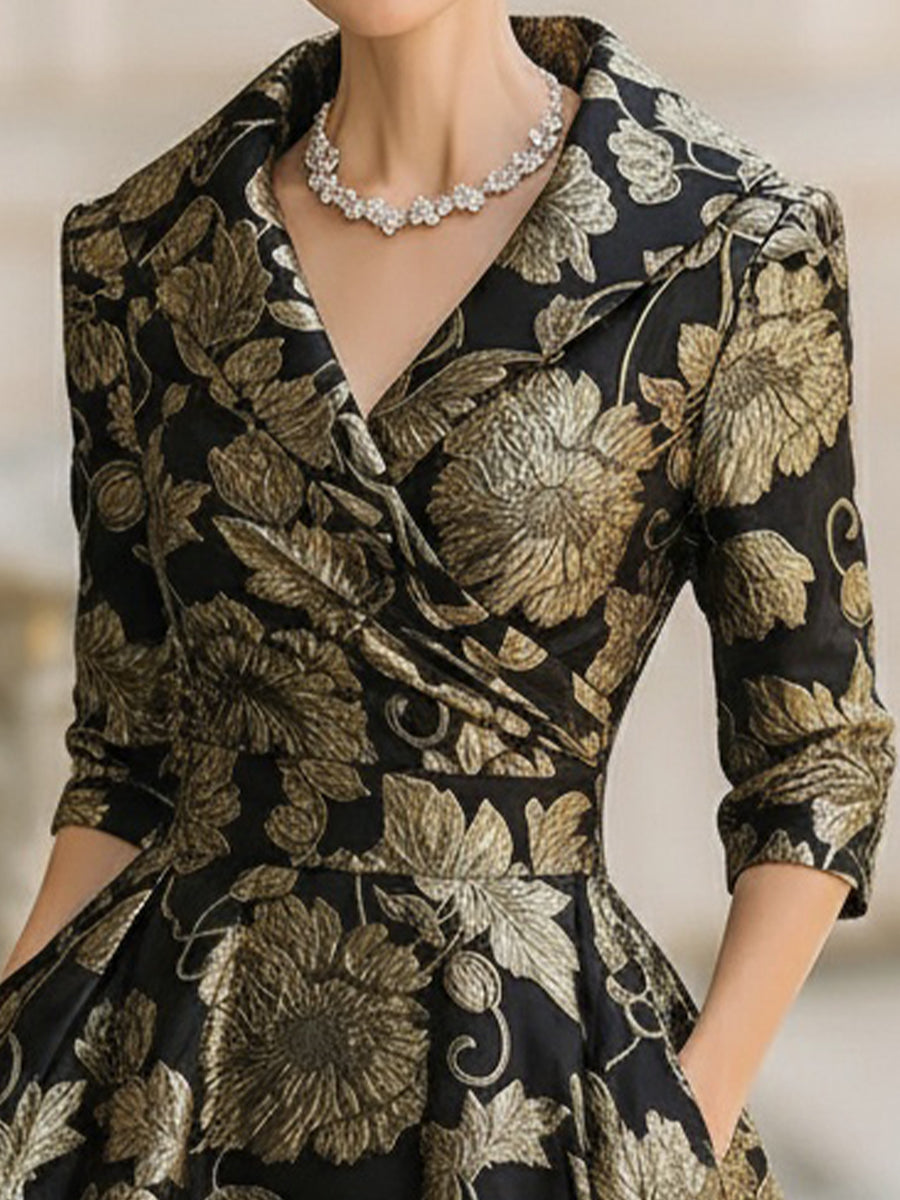 Mooyius Black & Gold Jacquard Floral Midi Dress MollyBoo