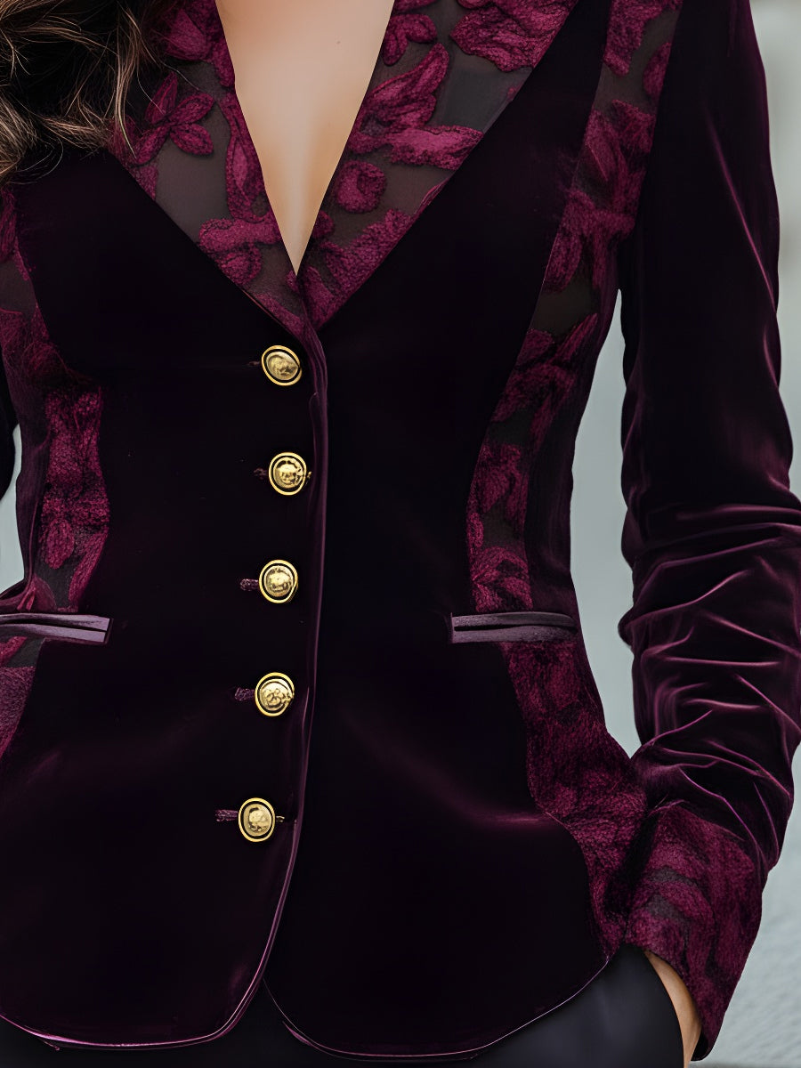 Velvet Blazer With Sheer Jacquard Floral Panels MollyBoo