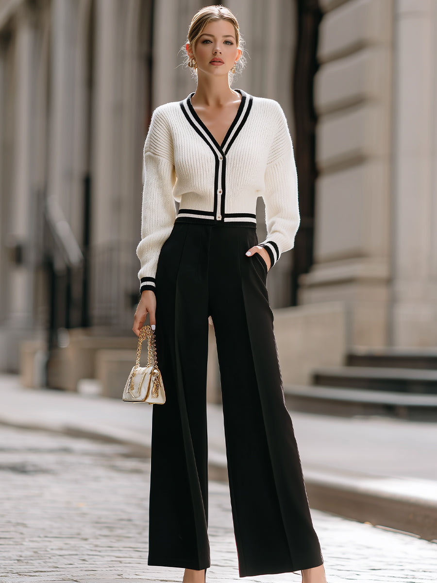 White And Black Contrast Knit Top With Wide - Leg Trousers Set MollyBoo