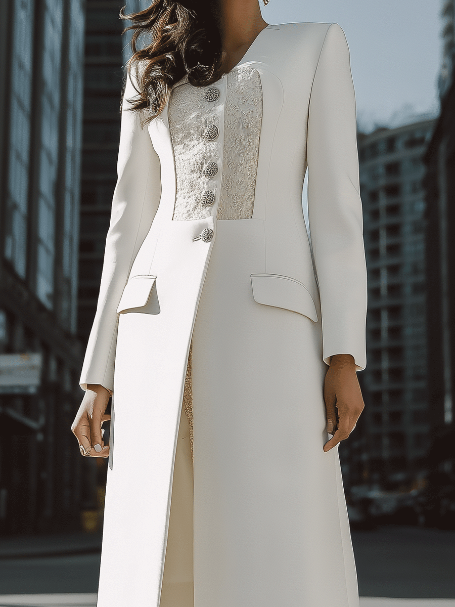 Ivory Longline Coat With Textured Contrast Panel And Silver Buttons MollyBoo