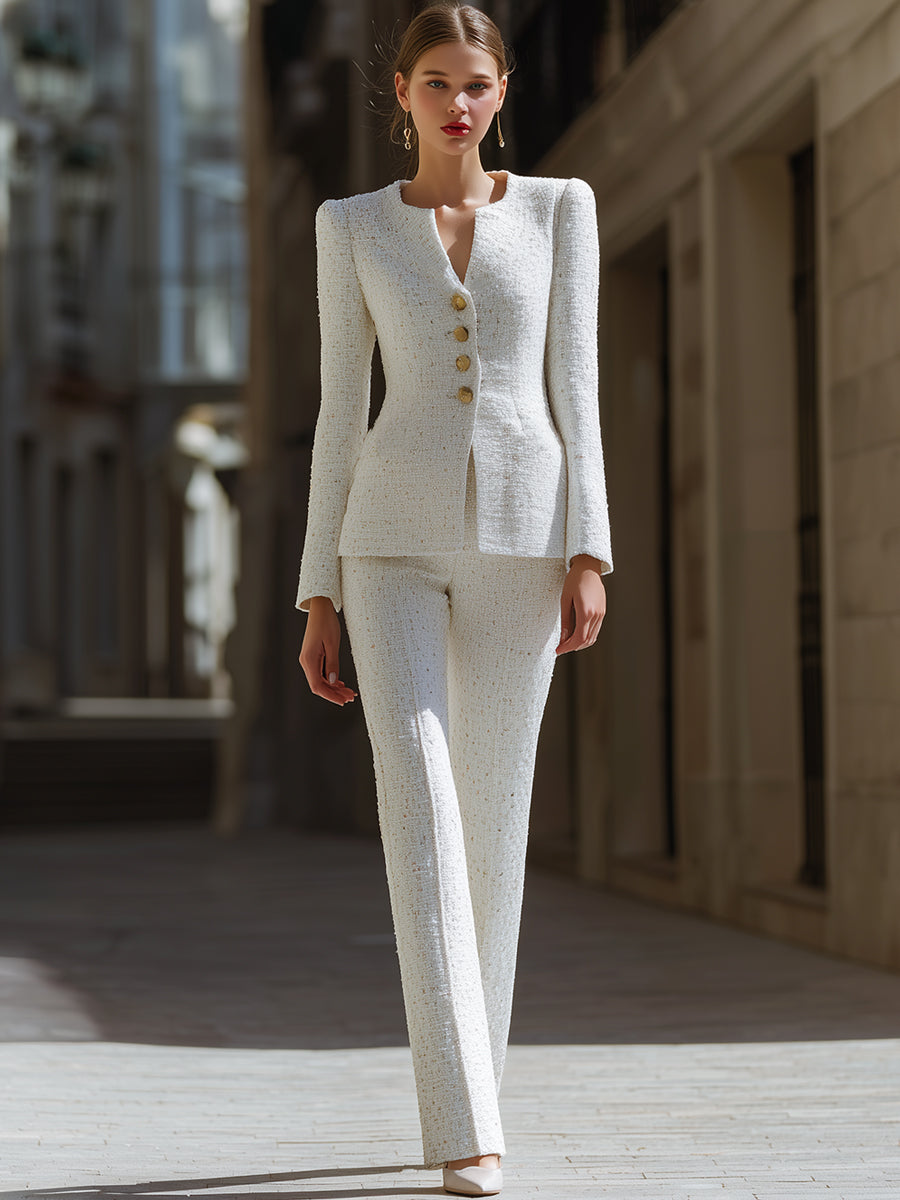 Ivory Tweed Sculpted Blazer Suit Set MollyBoo