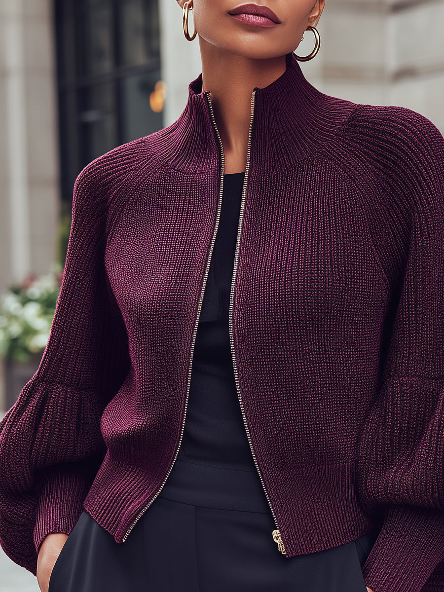 Knitted Zipper Jacket With Balloon Sleeves MollyBoo