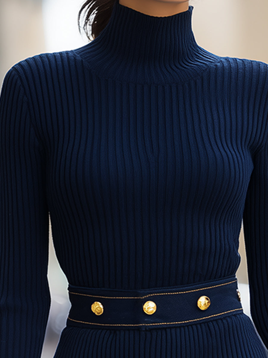 Navy Ribbed Knit Dress With Gold-Tone Button Denim Pocket Details MollyBoo