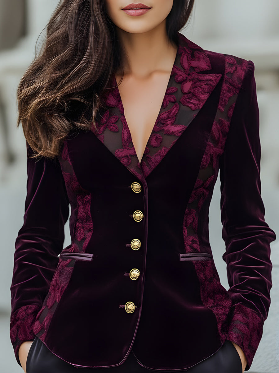 Velvet Blazer With Sheer Jacquard Floral Panels MollyBoo