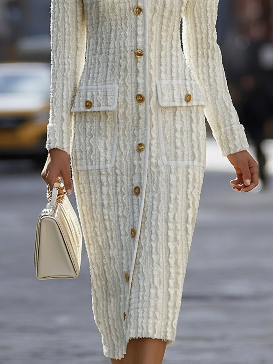 Ivory Textured Knit Midi Dress With Gold-Tone Buttons MollyBoo