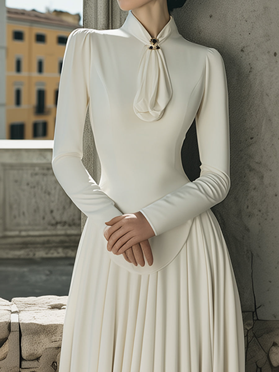 Elegant Plain Maxi Dress With Scarf-Tie Collar MollyBoo