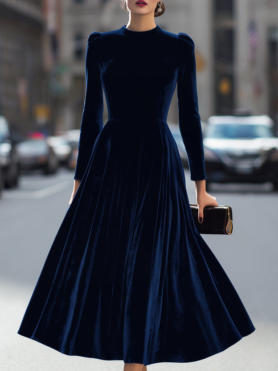 Luxurious Navy Blue Velvet Long-Sleeve Midi Dress MollyBoo