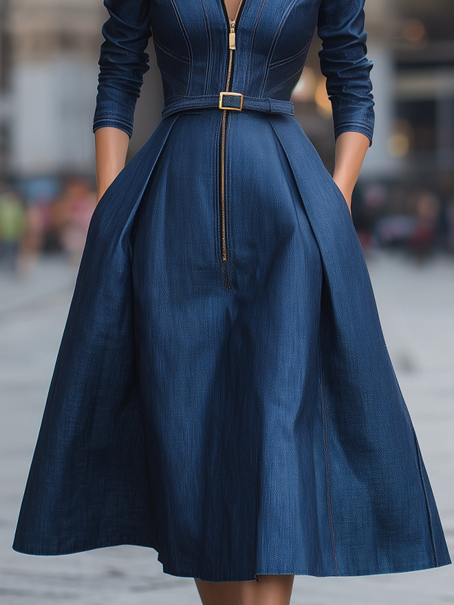 Elegant Zippered Belted Denim Midi Dress MollyBoo