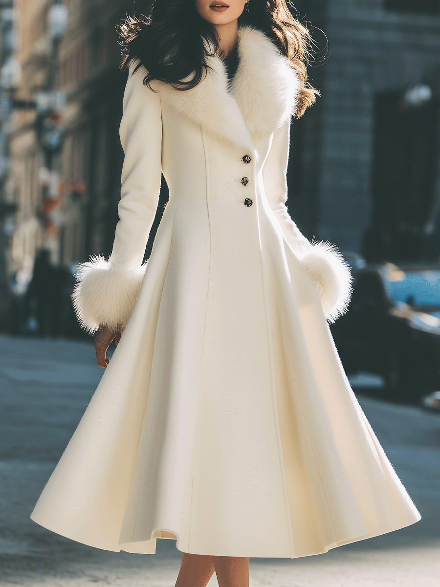 Ivory Flared Coat With Faux Fur Collar And Cuffs MollyBoo