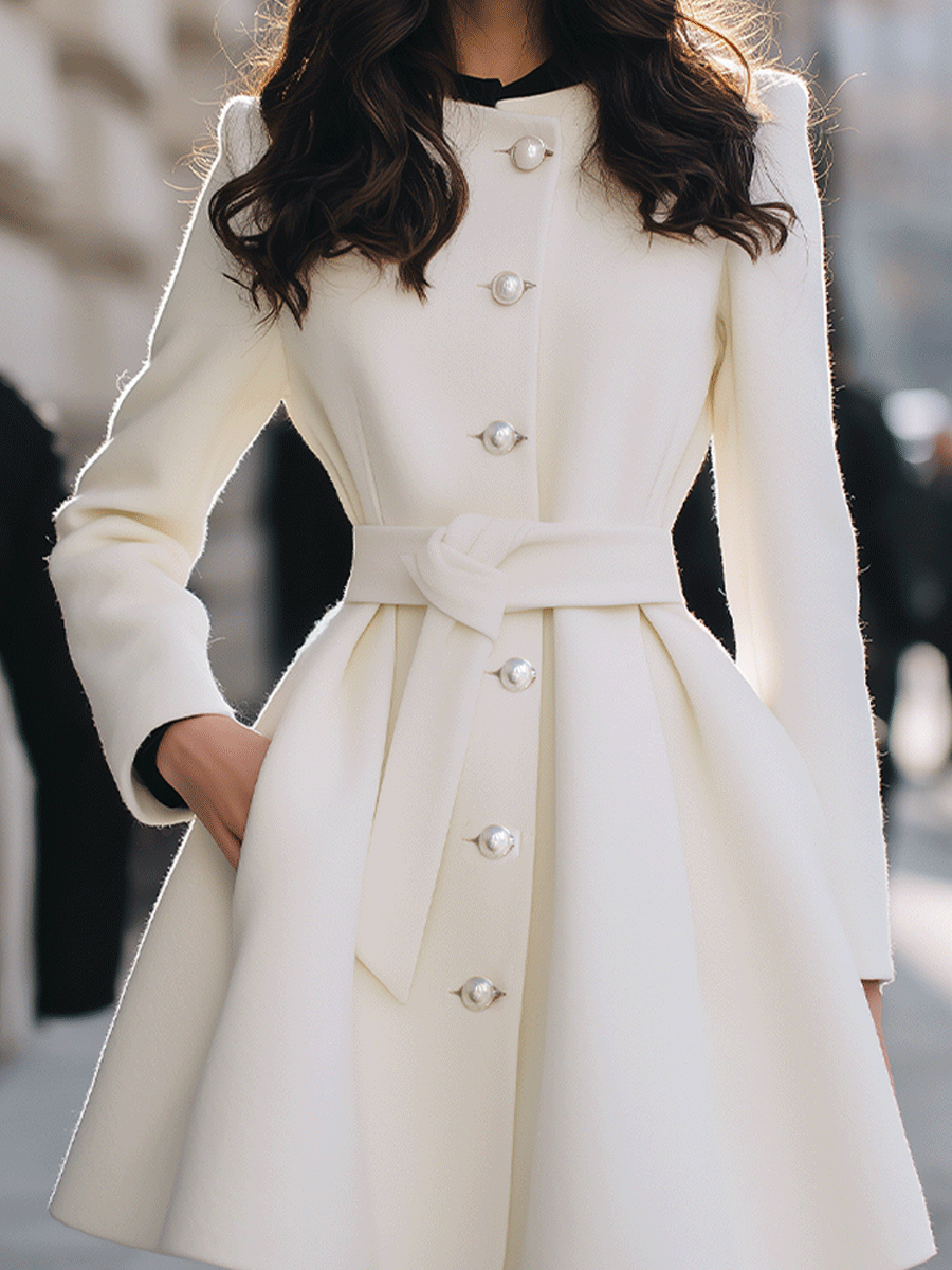 Ivory Short Coat With Pearl Button Detailing And Waist Tie MollyBoo