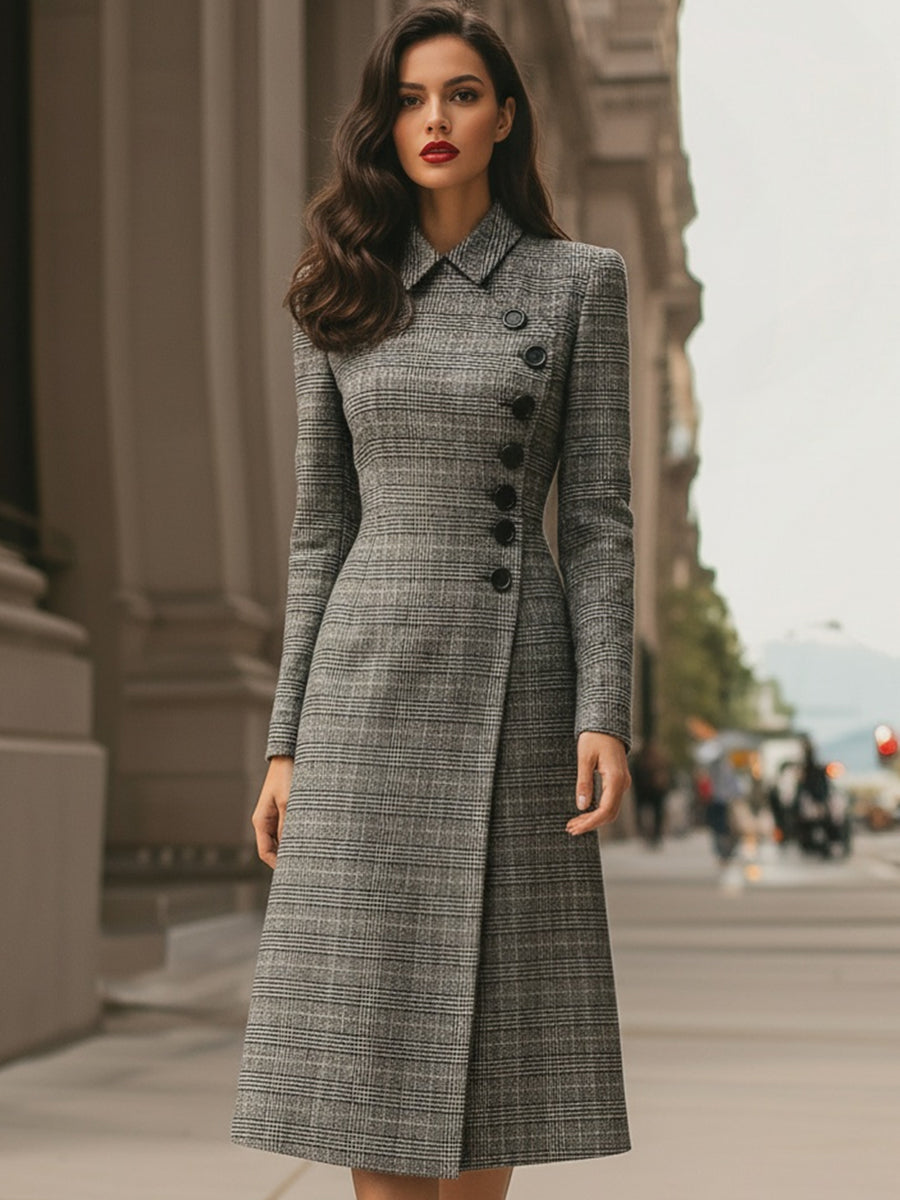 Elegant Plaid Asymmetric Button - Front Midi Dress MollyBoo