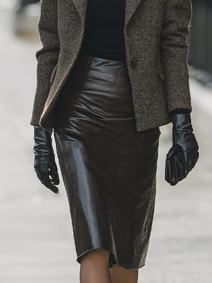 Dark Brown Faux Leather Pencil Skirt With Tweed Blazer MollyBoo