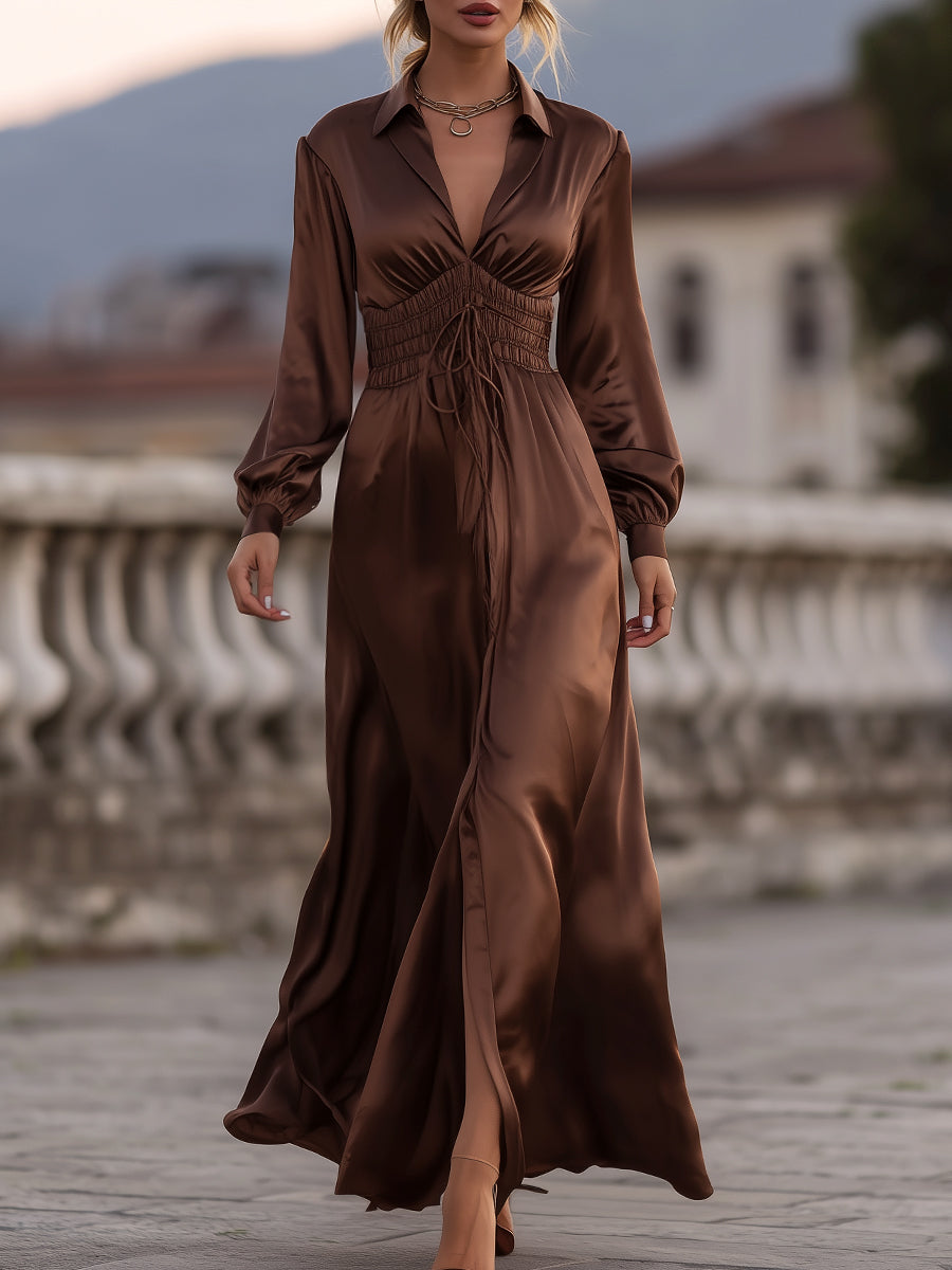 Mooyius Satin Cinched Waist Maxi Dress In Mocha Brown MollyBoo