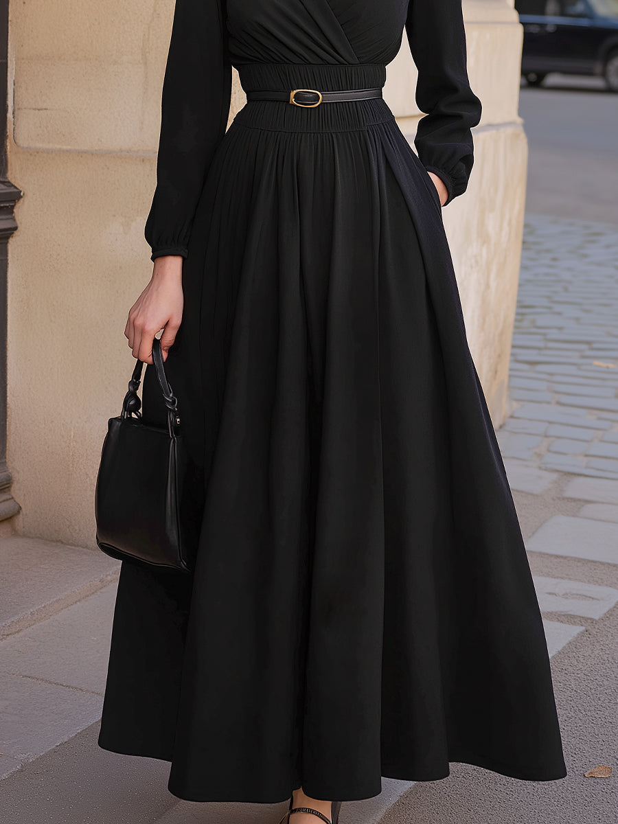 Long-Sleeve A-Line Maxi Dress With Belted Waist MollyBoo