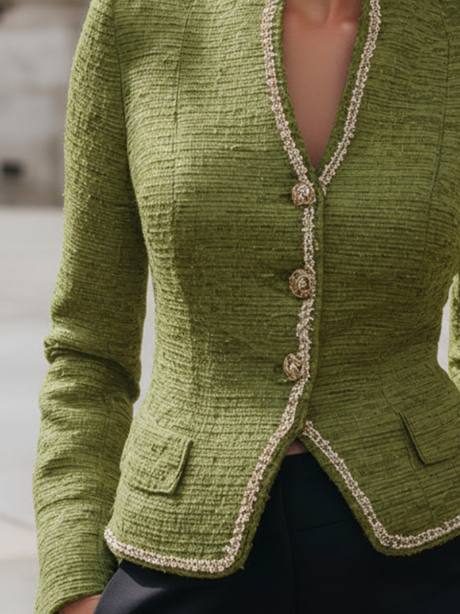 Green Tweed Jacket With Pearl Trim MollyBoo
