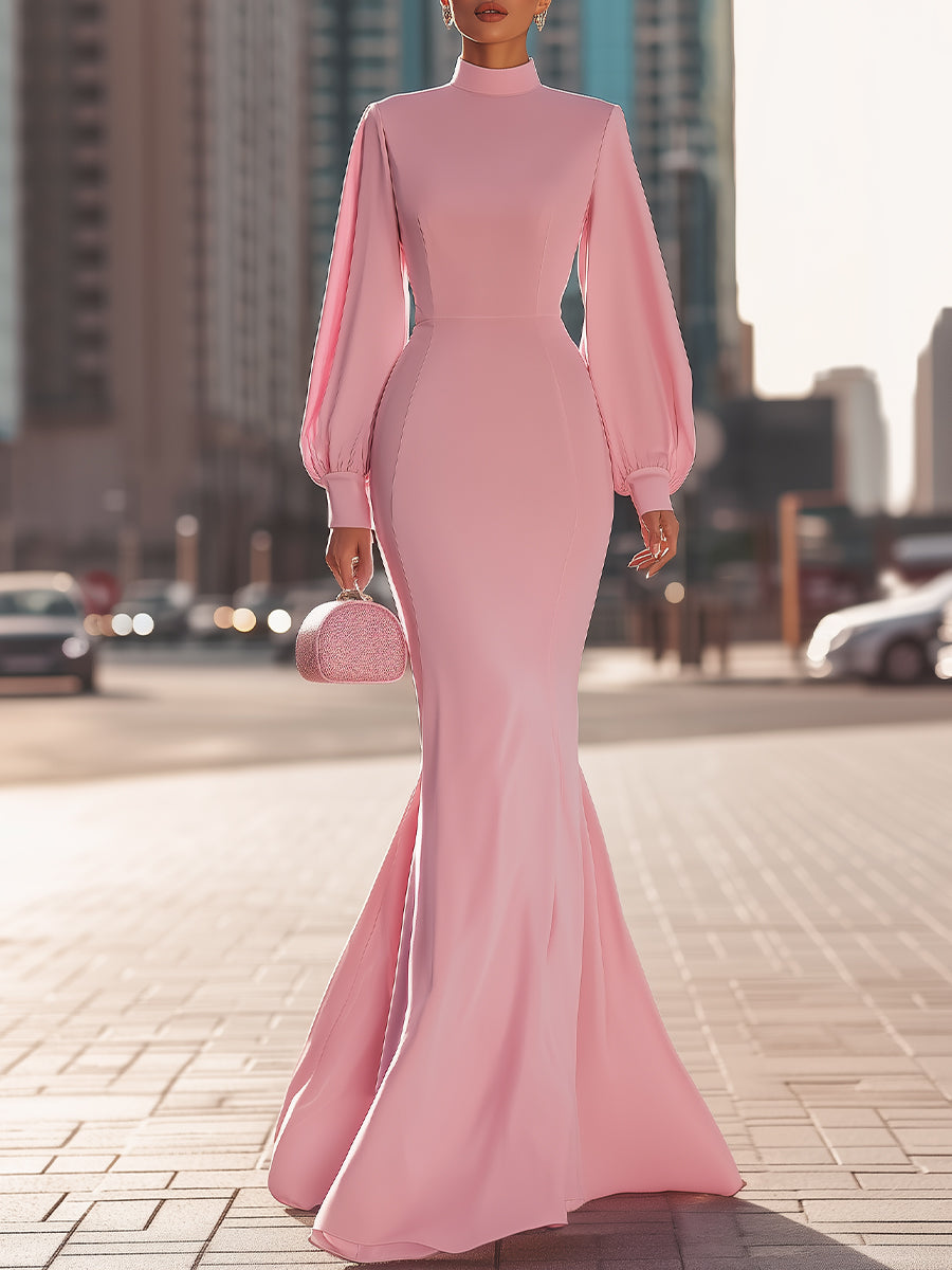 Elegant Blush Pink High-Neck Mermaid Gown With Balloon Sleeves MollyBoo