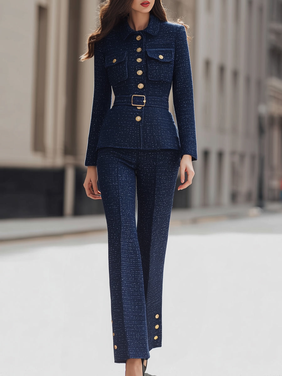 Tweed Belted Blazer And Pants Set With Gold Buttons MollyBoo