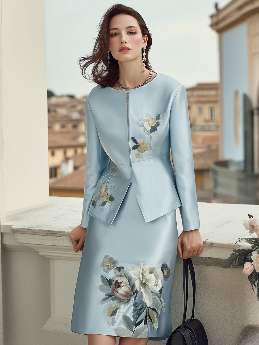 Elegant Light Blue Embroidered Skirt Suit With Zip-Up Jacket MollyBoo