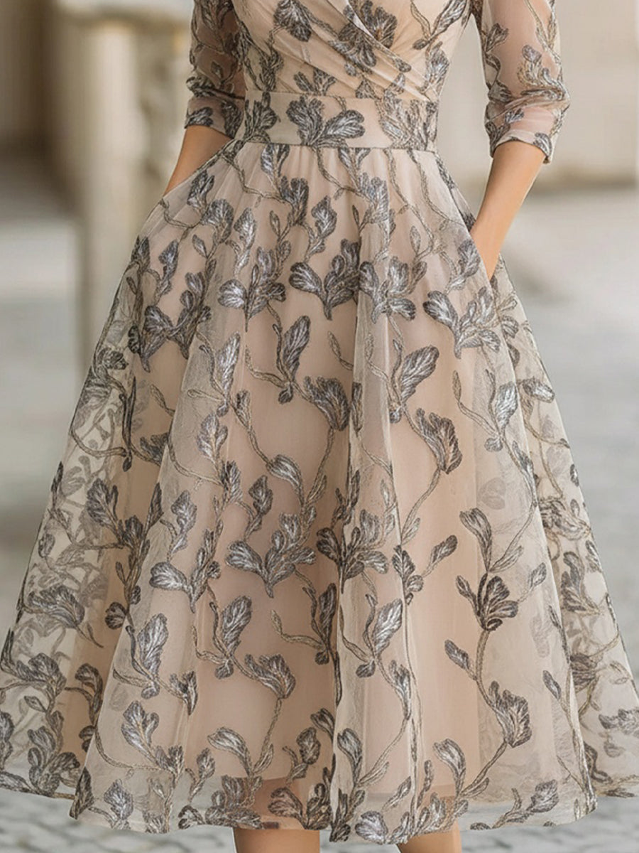 Mooyius Embroidered Mesh Midi Dress With Metallic Leaf Motif MollyBoo