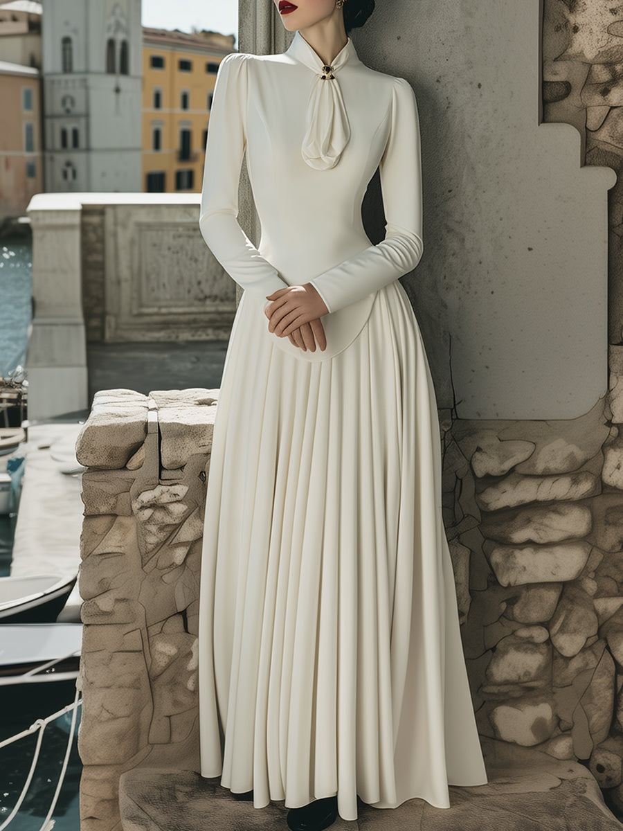 Elegant Plain Maxi Dress With Scarf-Tie Collar MollyBoo