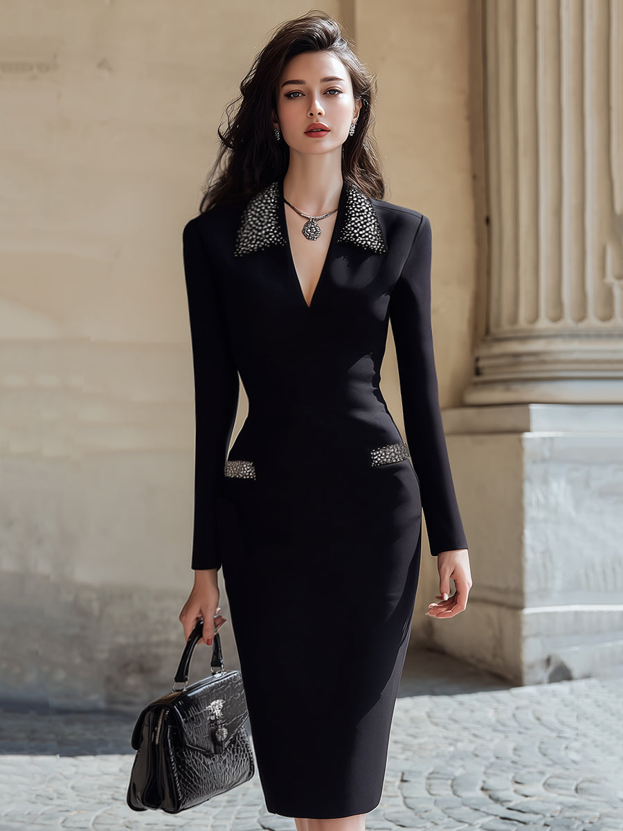Elegant Beaded Collar Bodycon Midi Dress MollyBoo