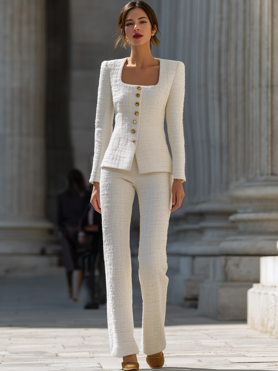 Ivory Tweed Square-Neck Suit Set MollyBoo