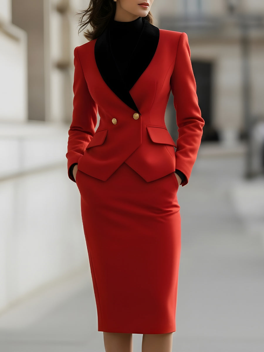 Elegant Tailored Blazer And Skirt Suit Set With Contrast Lapel MollyBoo