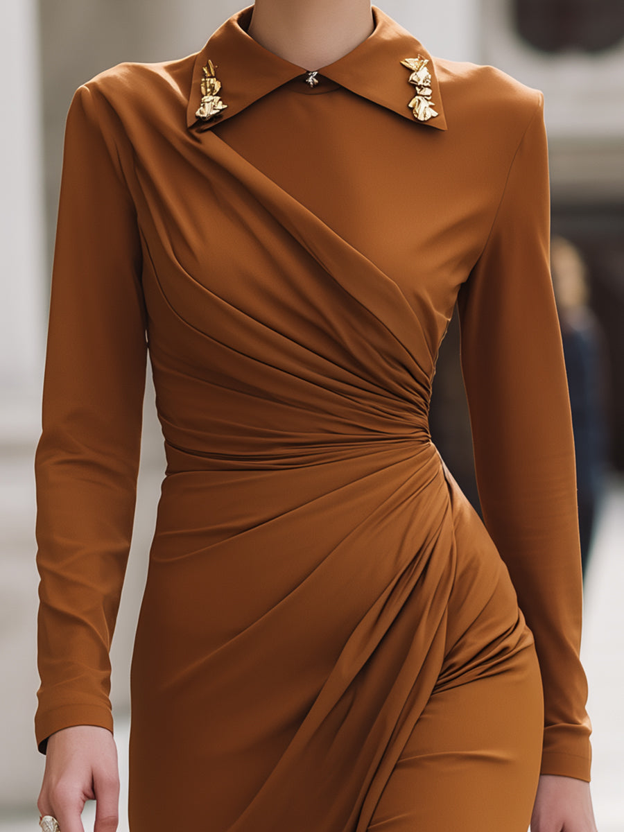 Rust Draped Midi Dress With Embellished Collar MollyBoo