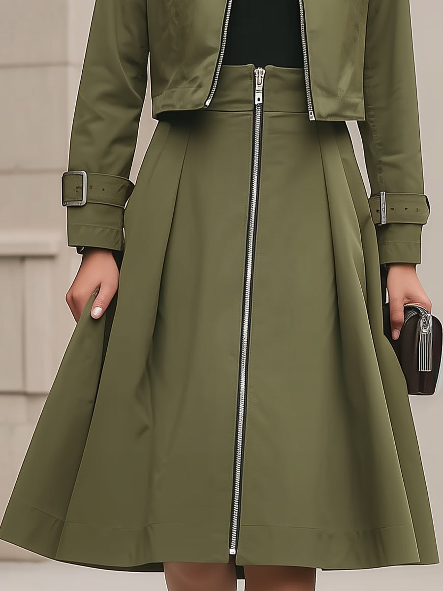 Stylish Olive Green Zip - Detailed Suit Set MollyBoo