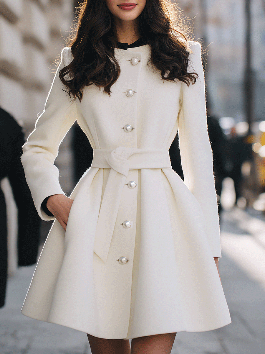 Ivory Short Coat With Pearl Button Detailing And Waist Tie MollyBoo