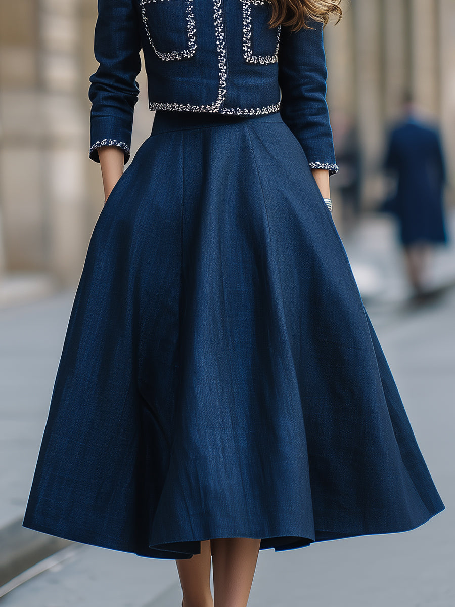 Elegant Silver Trim Cropped Jacket And Midi Skirt Set MollyBoo