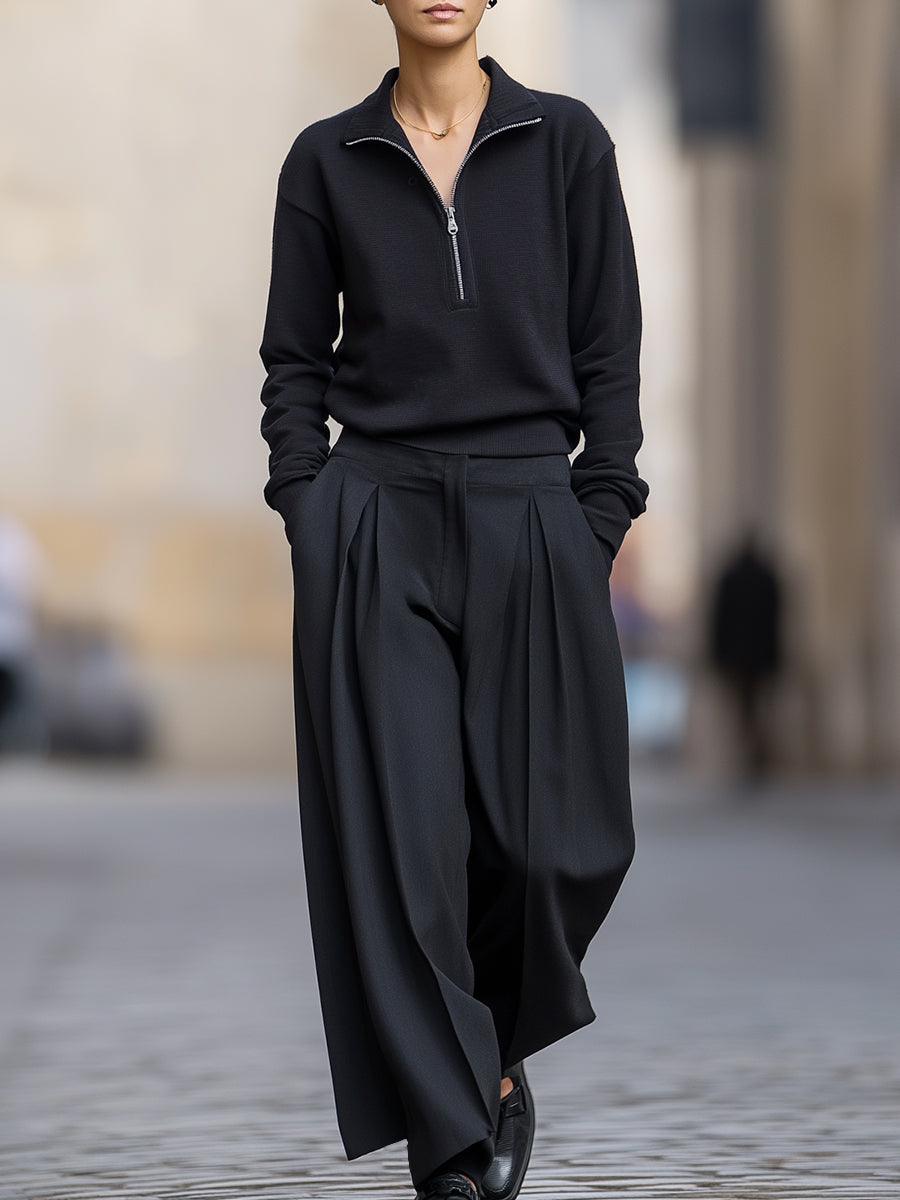Minimalist Half-Zip Pullover And Wide-Leg Pleated Trousers Set MollyBoo