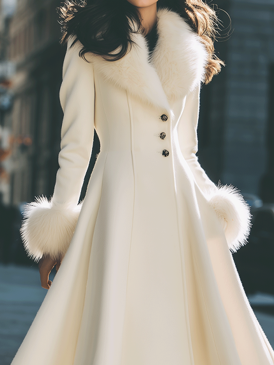 Ivory Flared Coat With Faux Fur Collar And Cuffs MollyBoo