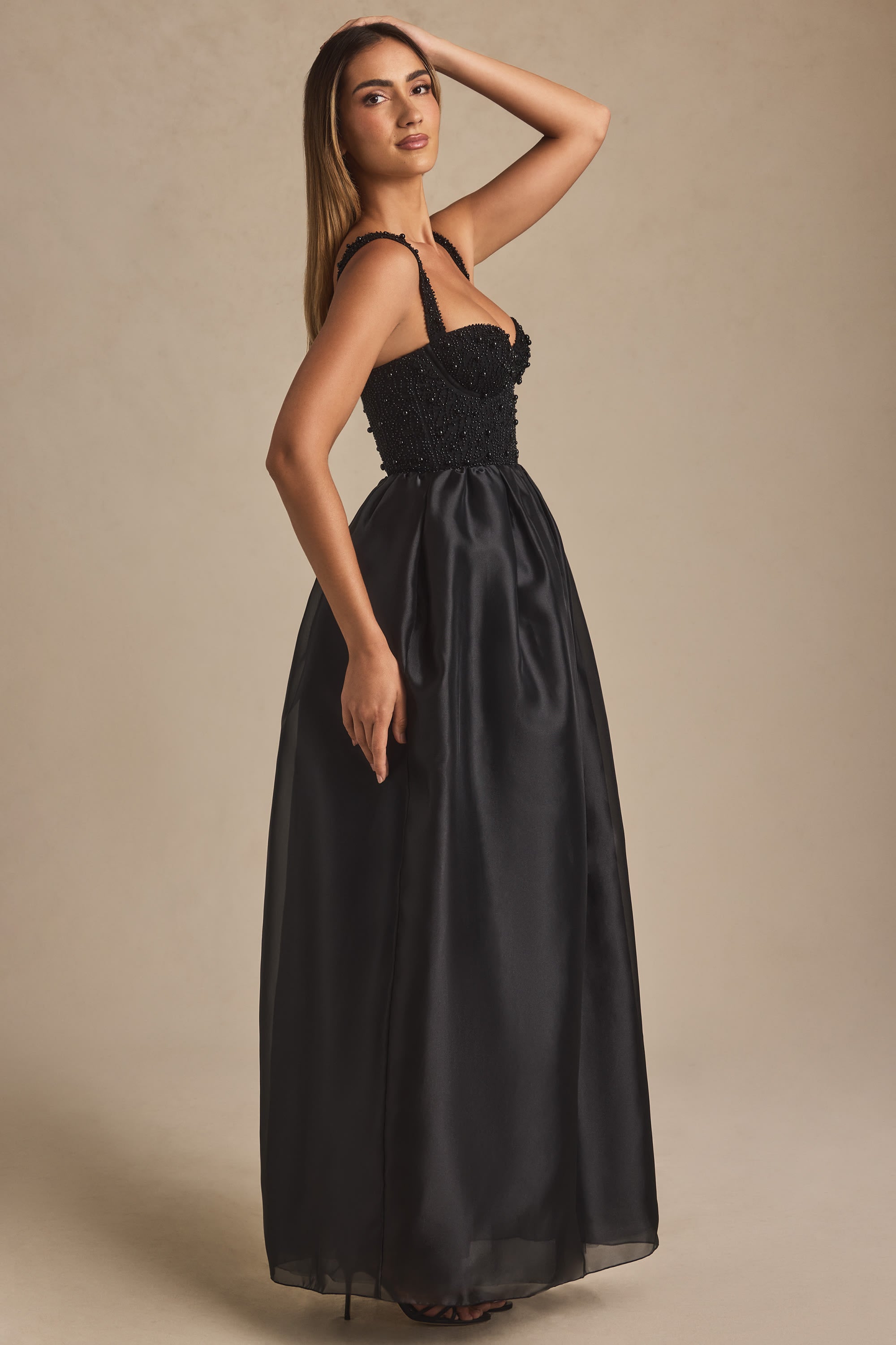 Robe Maxi Delancey Noir – Corset et Ornement Perlé